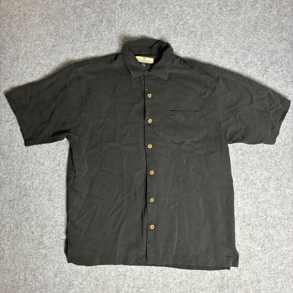 Tommy Bahama Button Down Shirt Mens Medium Black Silk Short Sleeve Camp Shirt